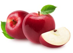 Isolated apples. Two whole red, pink apple fruits with slice isolated on white with clipping path