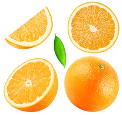 Isolated oranges. Collection of whole, half, slice, piece orange fruits with leaf isolated on white background with clipping path