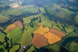 Aerial view of green countryside in Somerset, UK