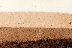 Close Up Macro Three Chocolates Cake Background Layered Cake with Milk Black and White Chocolate Souffle Horizontal