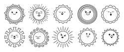 Sun emotion doodle outline character set. Faces summer cute suns collection. Solar funny childish sunny. Smiling shine sun with sunbeams. Isolated contour vector clipart illustration white background