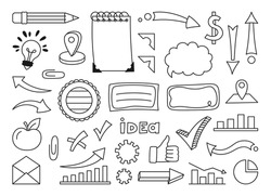 Social media hand drawn doodle sketch set. Line elements company, contact communication, graph and chart symbols and icon. Business, study, creativity and work internet doodles vector concept