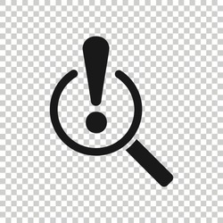 Risk analysis icon in flat style. Exclamation magnifier vector illustration on white isolated background. Attention business concept.