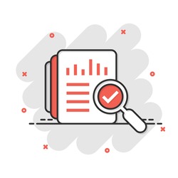 Audit document icon in comic style. Result report vector cartoon illustration on white isolated background. Verification control business concept splash effect.