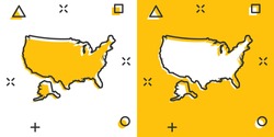 Cartoon colored America map icon in comic style. USA sign illustration pictogram. Country geography splash business concept.