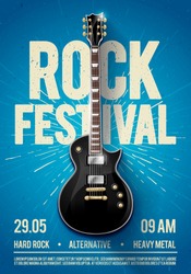 vector illustration blue rock festival concert party flyer or posterdesign template with guitar, place for text and cool effects in the background