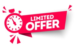 Modern red vector banner ribbon limited  offer with stop watch.