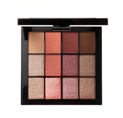 Multicolor palette of trendy shades of eyeshadow isolated on white background.