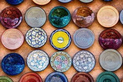 Beautiful and colorful ceramic plates for sale in Marrakech, Morocco.
