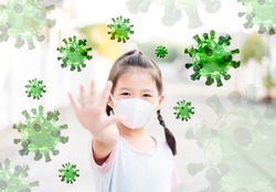 Delta variant virus to children.asian kid girl wearing mask show stop hands coronavirus covid19 coronavirus, school kid girl, monkeypox Healthcare.Student kid medical health.vaccine child mask.long.