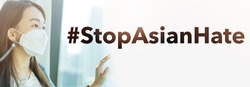 stop asian hate.Stop spread of racism.Asian woman with mask fears xenophobia at home.Anti racist.background for protester.hate crimes against asians.Support Asian american communities.Equality.