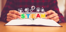 STEAM or STEM. Science, technology, engineering, art, mathematics icon. Education on teenager kid hand with 