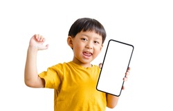kid child asian student boy holding phone smartphone mock up showing white blank display online learning app, promotion.Asian kid boy win game.banner background.Digital phone education language app.