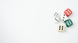 Top view of Colorful Rolling the dice concept for business risk, chance, good luck or gambling.white background.