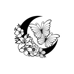 Crescent moon with butterfly and floral style decoration