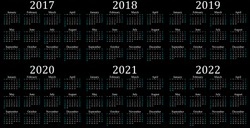 Six year calendar - 2017, 2018, 2019, 2020, 2021 and 2022 in black background