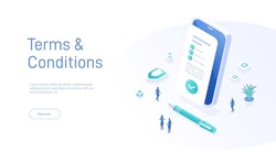 Terms and conditions landing page template. Read and sign agreement on mobile phone. Can be used for web banners, infographics. Isometric modern vector illustration.