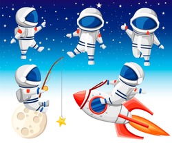 Cute astronaut collection. Astronaut sits on rocket, astronaut sits on moon and fishing and three dancing astronauts. Cartoon design style. Flat vector illustration on sky background.