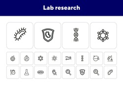 Lab research line icon set. Beaker, bacteria, dna. Science concept. Can be used for topics like microbiology, genetics, virus