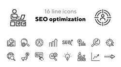 SEO optimization icons. Set of line icons. Achieving results, brand manager. SEO concept. Vector illustration can be used for topics like internet, marketing