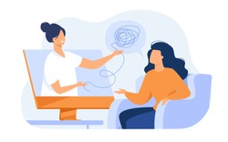 Woman consulting psychologist online. Doctor and patient discussing mental tangled rope, using computer for distance talk. Vector illustration for counseling, therapy, psychology, support concept.