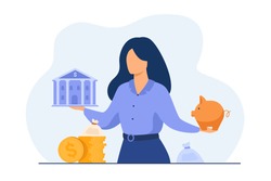 Woman choosing between bank and piggybank, choosing instrument for saving, planning budget or loan. Vector illustration for personal finance or economy concept