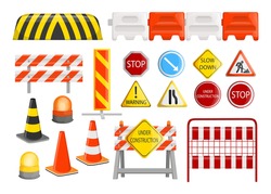 Traffic barriers collection. Roadblocks, barricades, with warning alert signs for road construction works. Vector illustration for city street repair works, danger, caution concept