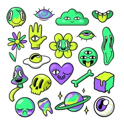 Neon cartoon stickers of crazy mushroom, flower, cloud, heart, hand with eyes. Vector illustration set. Psychedelic elements, skull, bone, tooth, mouth, emoji. Hallucination concept