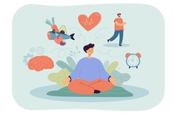 Cartoon person meditating and thinking about healthy lifestyle. Holistic healing of body and mind, brain, diet, heart, fitness flat vector illustration. Mental health, wellness concept for banner