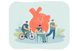 People following healthy lifestyle vector illustration. Men riding bicycle, running, eating healthy food. Huge human heart in background. Sport, diet, science concept for promotional poster