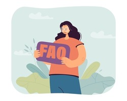 Woman holding sign with FAQ letters. Person offering information analysis, answers to questions flat vector illustration. Search service, inquiry concept for banner, website design or landing web page
