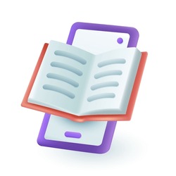 Open paper book on screen of mobile phone 3D icon. Digital literature for learning and reading online 3D vector illustration on white background. Education, electronic library, knowledge concept
