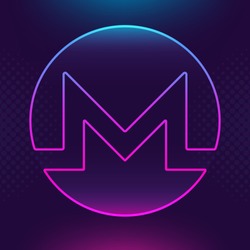 Monero XMR vector outline icon. Cryptocurrency, e-currency, payment crypto currency, blockchain button. Trendy Bright lighting logo adaptation design web site mobile app EPS. Ultra violet background.