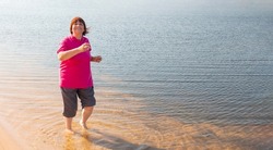 the pensioner regularly plays outdoor sports near the river and feels great in her seventy years, an active lifestyle, and regular training keeps her in good shape.