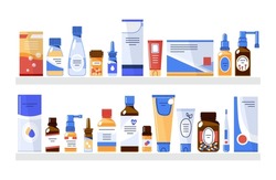 Medicine products in the pharmacy store on the shelves.Different packages of medical products in packages, bottles, vials on two shelves.Vector flat illustration isolated on white background