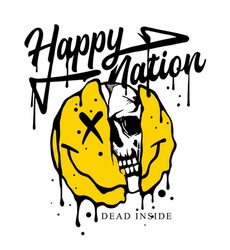 Happy nation slogan print design with ripped melting emoji and a skull illustration in street style