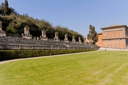 View of the Boboli Amphitheatre and Uffizi Palace. Boboli gardens. Florence, Tuscany. Italy