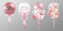 Set of rose gold balloons on transparent background. Realistic glossy pink balloons vector illustration. Party balloons decorations wedding, birthday, celebration and anniversary card design. 