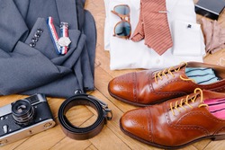 Men accessories on vintage wooden table