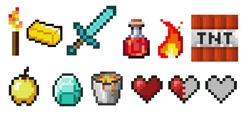 Set of vector pixel objects. Potion bottles, fire flame, sword, torch, emerald and heart. Objects for a pixel game. The concept of games background. Minecraft concept. Vector illustration