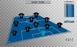 Vector soccer field with the arrangement of players and staff in the game