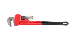 Red adjustable pipe wrench tool on white background