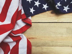 close up american flag on wood copy space background for text, happy memorial day concept