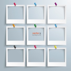 Photo frames with thumbtacks on the gray background. Eps 10 vector file.