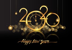 Happy New Year 2020 - New Year Shining background with gold clock and glitter.