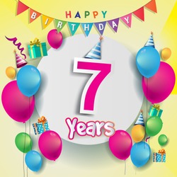 7th years Anniversary Celebration, birthday card or greeting card design with gift box and balloons, Colorful vector elements for the celebration party of seven years anniversary.