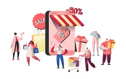 People characters buying in online store and smartphone screen. Website shopping, mobile marketing concept, e-commerce. Man and woman making purchase. Vector illustration