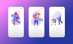 Man Customer Sale Shopping Mobile App Page Onboard Screen Set. Woman Character Buy Big Commercial Discount Gift Concept for Website or Web Page. Flat Cartoon Vector Illustration