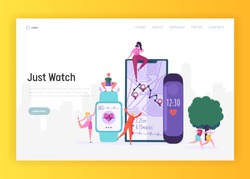 Modern Smartwatch for Sportsman Landing Page. Sport Watch Include Activity Fitness Tracker for Monitoring Lap Time, Heart Rate and Route Tracking Website or Web Page. Flat Cartoon Vector Illustration