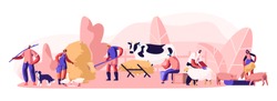 People Doing Farming Job as Feeding Domestic Animals, Milking Cow, Shearing Sheep, Prepare Hay for Livestock. Male and Female Farmer Characters Working with Cattle. Cartoon Flat Vector Illustration